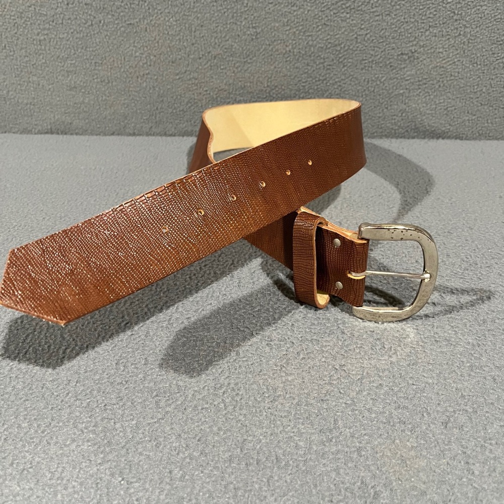 Vintage Lizard Embossed‎ Belt Women M Wide Brown Silver Buckle Western Boho